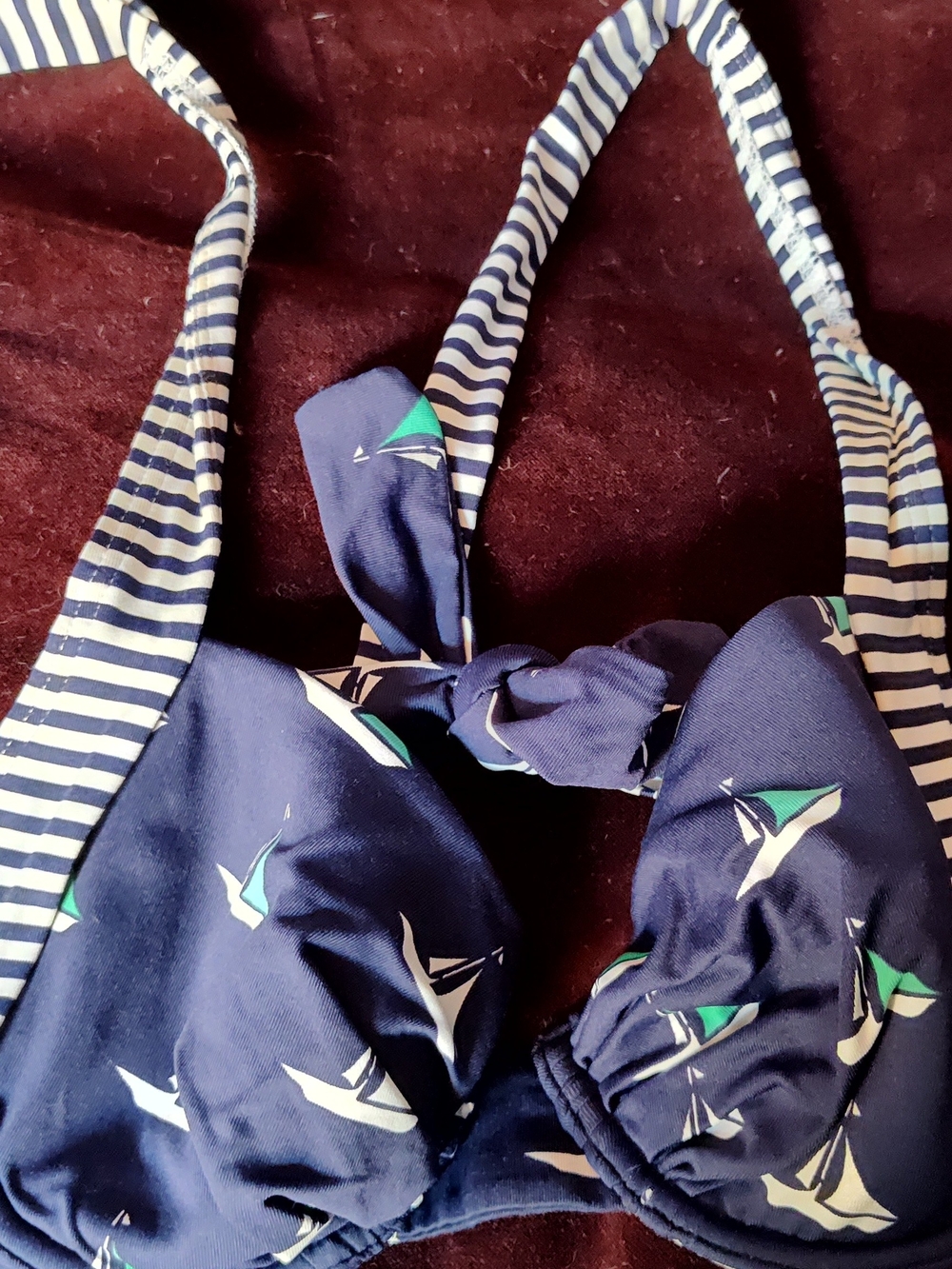 Tommy Bahama Navy Sailboat Halter Bikini Top with Striped Ties and Front Knot